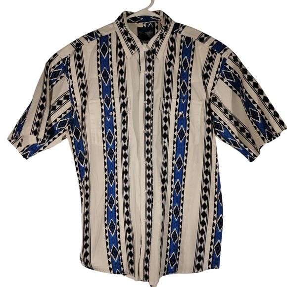Wrangler pearl snap shirt mens L LArge white blue aztec all over western - Picture 1 of 7